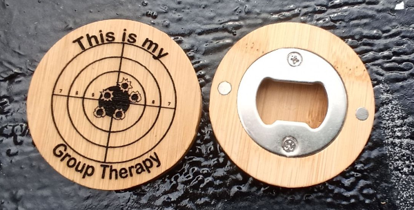 Laser engraved wooden bottle opener - Group Therapy - Click Image to Close